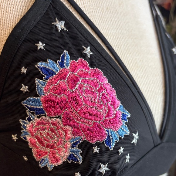 PINK Victoria's Secret Black Bralette with Pink Floral Embroidery - Picture 6 of 9